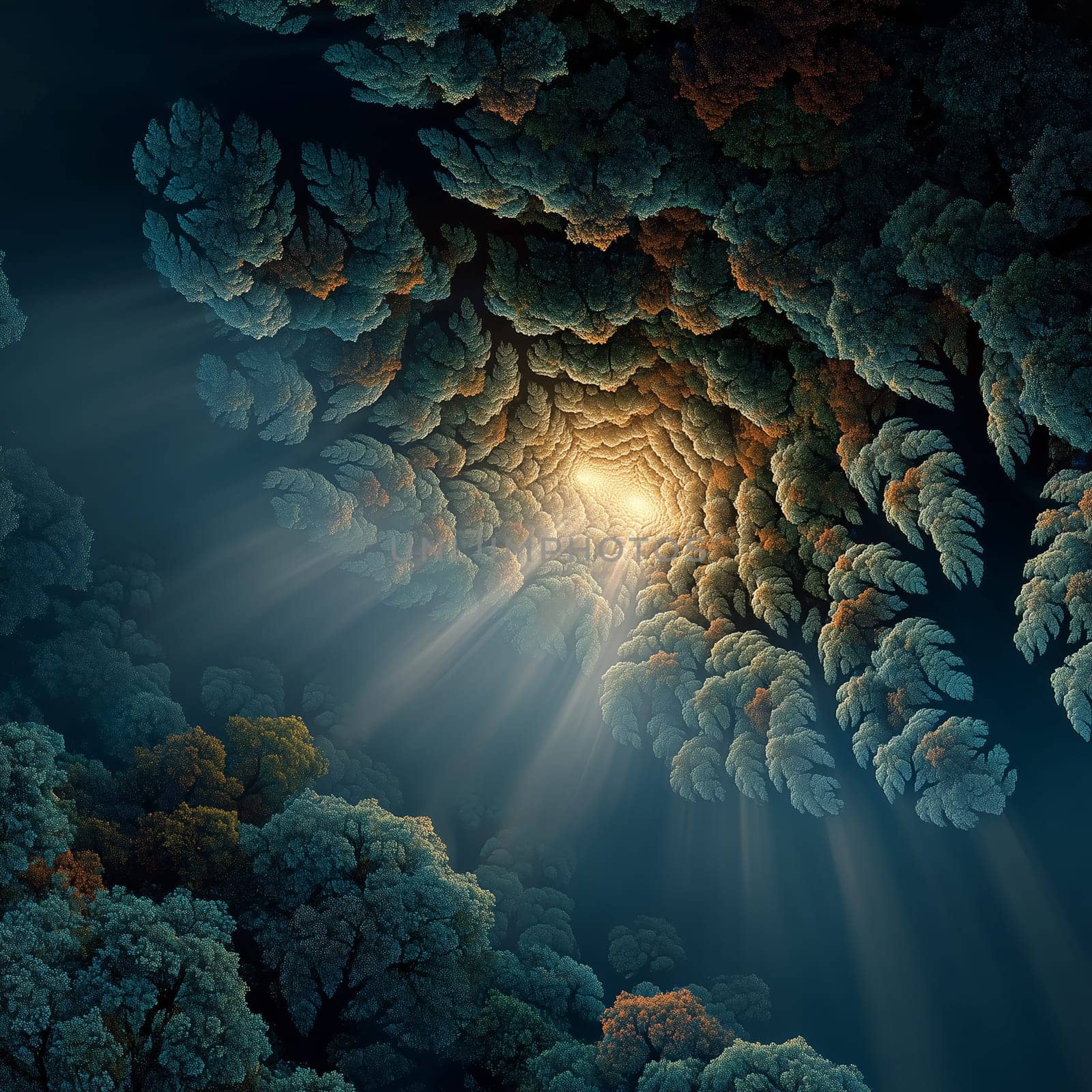 Abstract forest scene viewed from below, with fractal-like treetops forming a spiral canopy and warm glowing light breaking through misty sunrays.