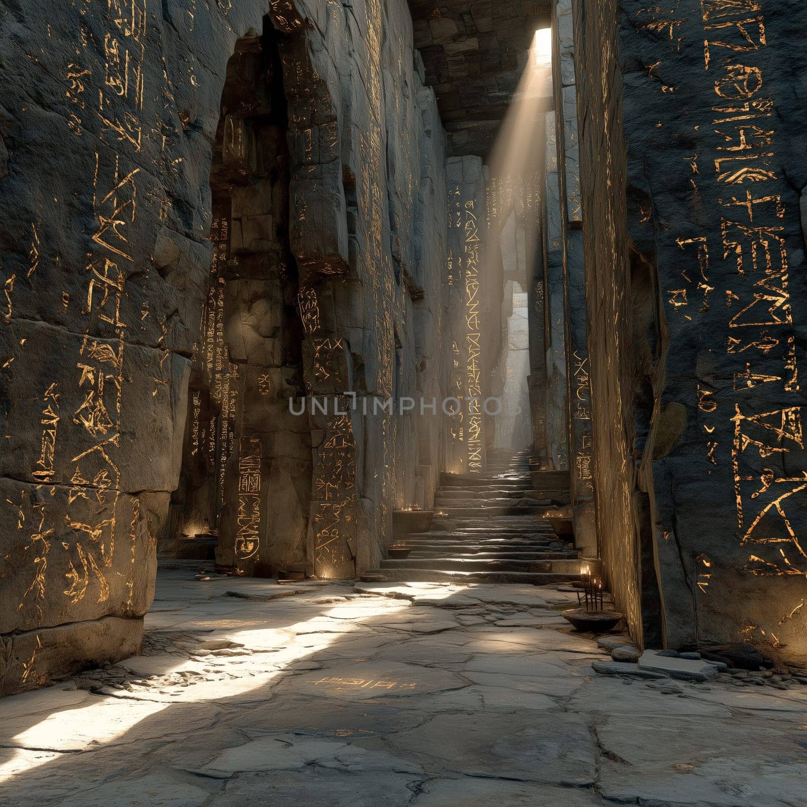 A mystical ancient stone corridor illuminated by beams of light, with glowing inscriptions carved into the walls, leading to an unknown destination.