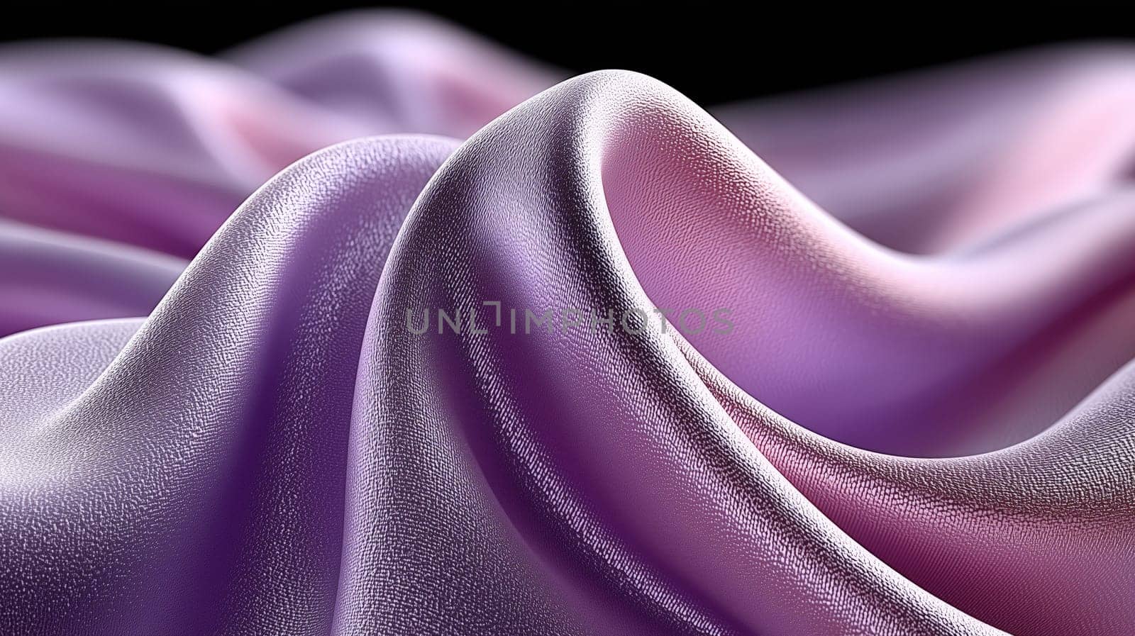 Close-up of silky lavender and pink satin with a smooth texture, forming elegant, undulating folds under soft light against a dark background.
