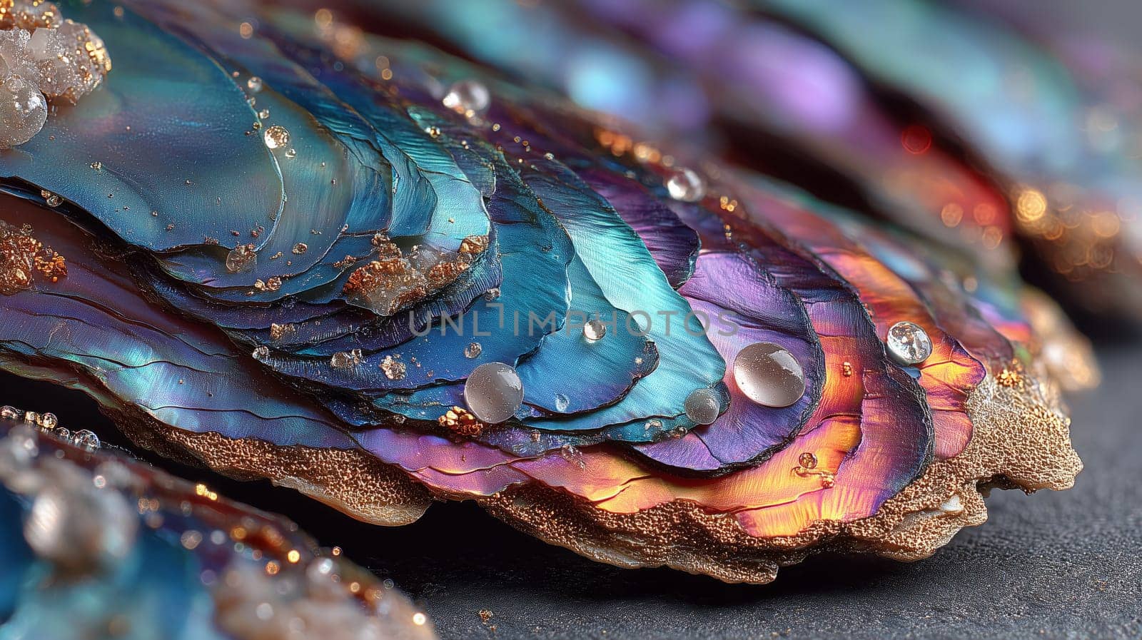 Close-up of a multicolored iridescent mineral with layered textures, water droplets, and rough golden edges. Abstract and luxurious crystal formation.