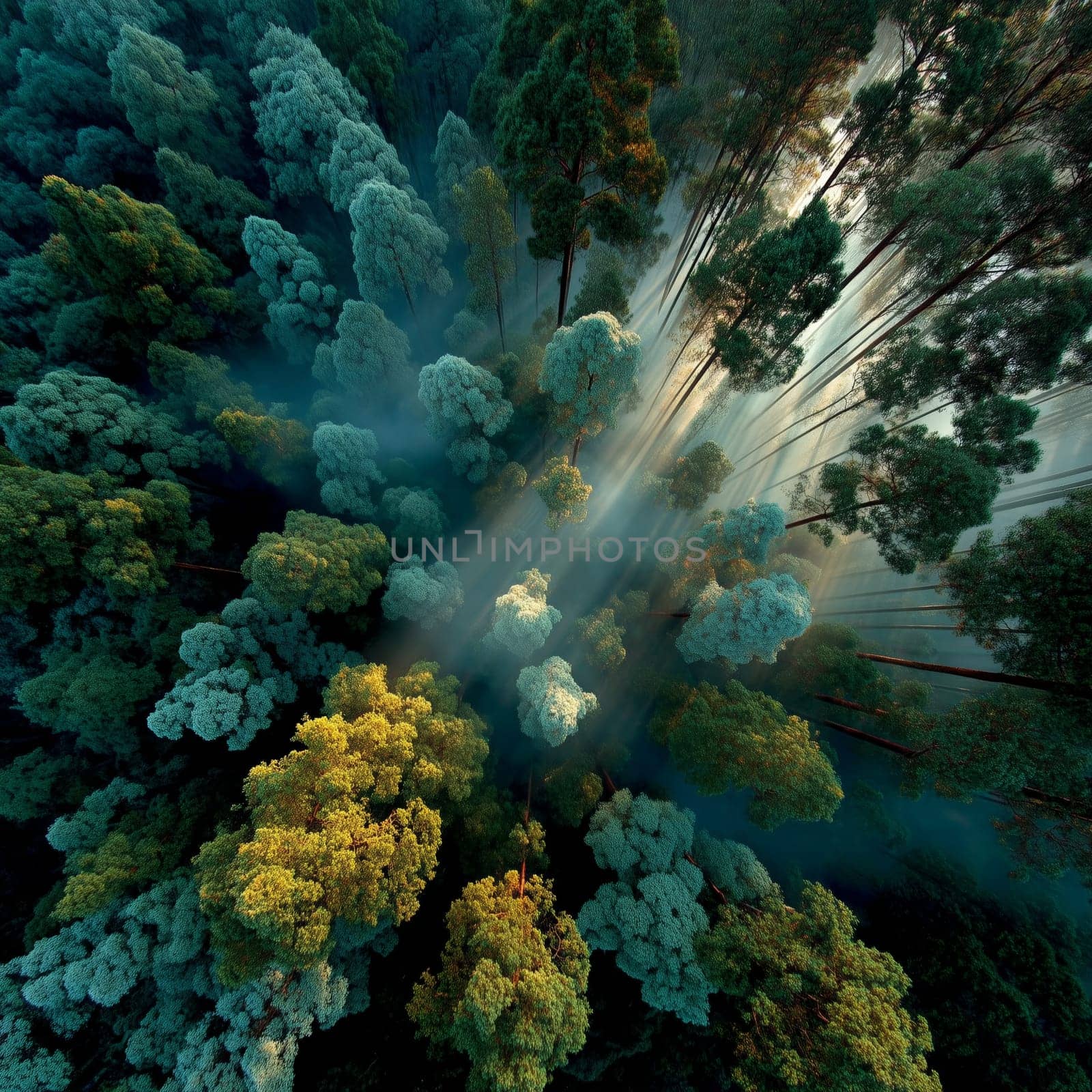 High-angle view of a vibrant forest with mist and sun rays streaming between tall trees, creating a serene, ethereal atmosphere at sunrise or sunset.
