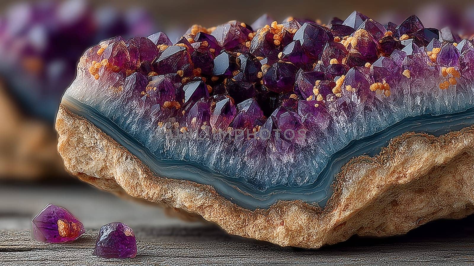 Macro image of a raw amethyst geode displaying sharp violet crystals, golden mineral inclusions, and layered rock texture. Two loose crystals in foreground.