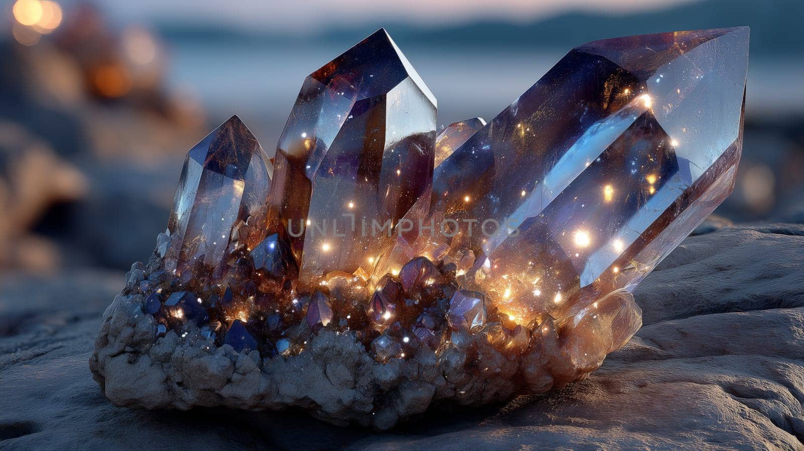 Close-up of a luminous quartz cluster with glowing golden inclusions and sharp facets, resting on a textured rock surface in a natural outdoor setting.