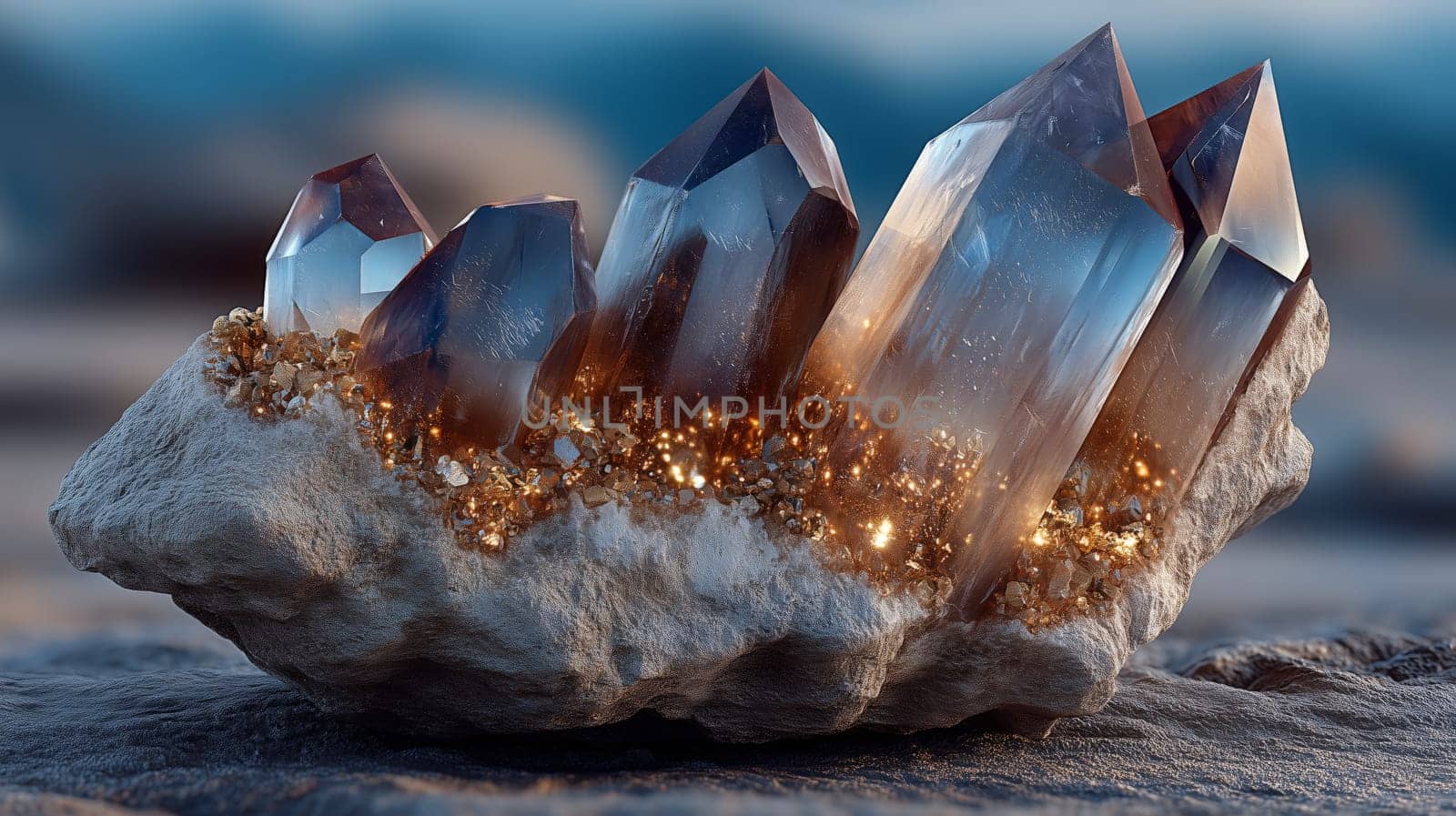 Close-up of a natural quartz crystal cluster with translucent points and glowing golden inclusions set on a rough stone base in a blurred outdoor setting.