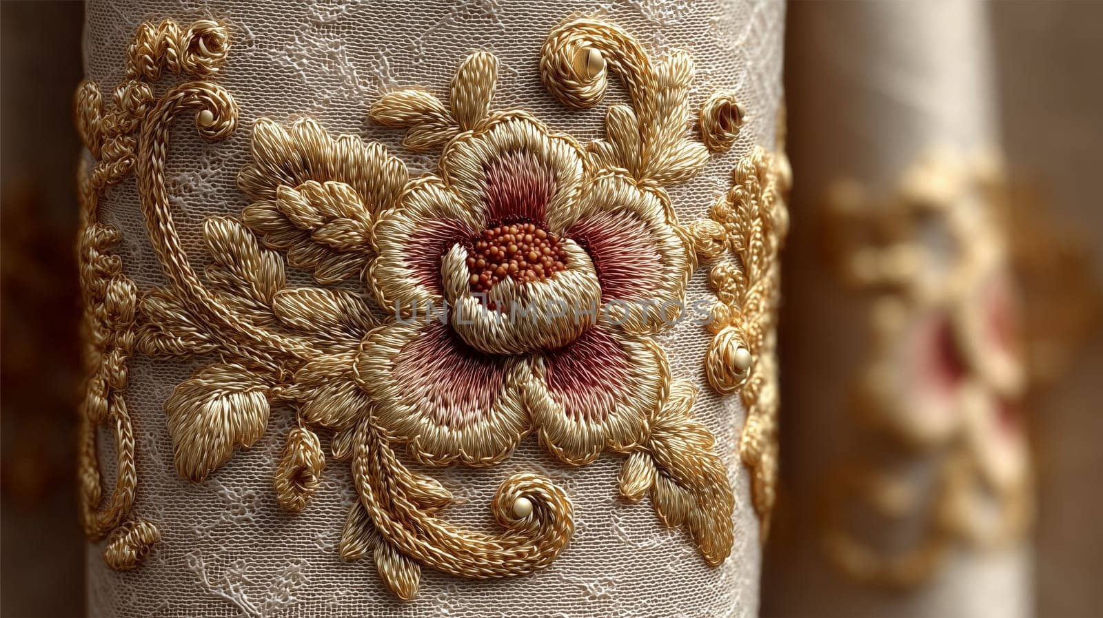 Close-up of intricate flower embroidery in gold and burgundy on fine lace fabric, showcasing detailed stitching, texture, and ornamental design.