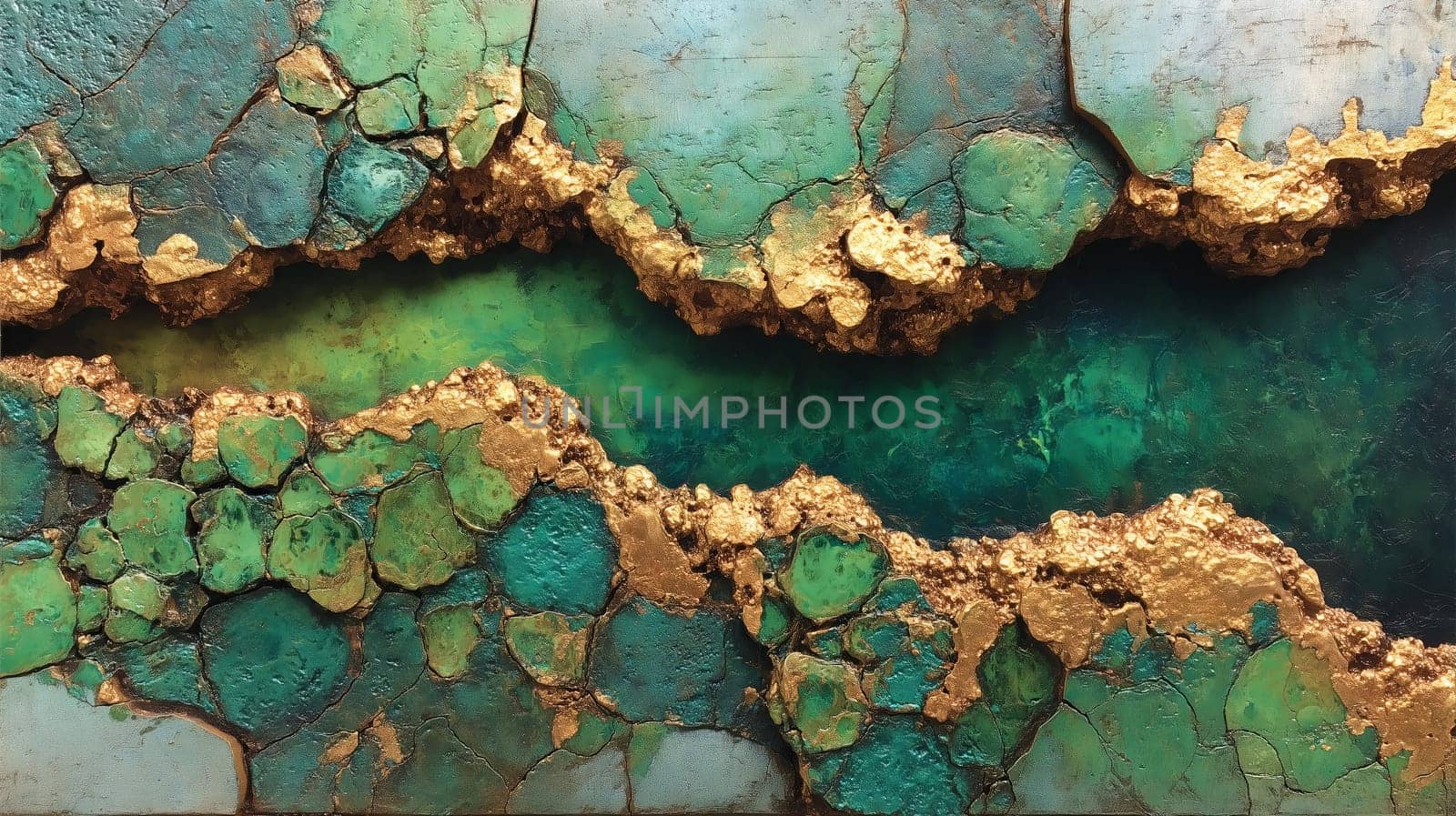 Close-up of a textured metal surface with cracked turquoise-green patina and vivid gold corrosion forming an organic abstract pattern.