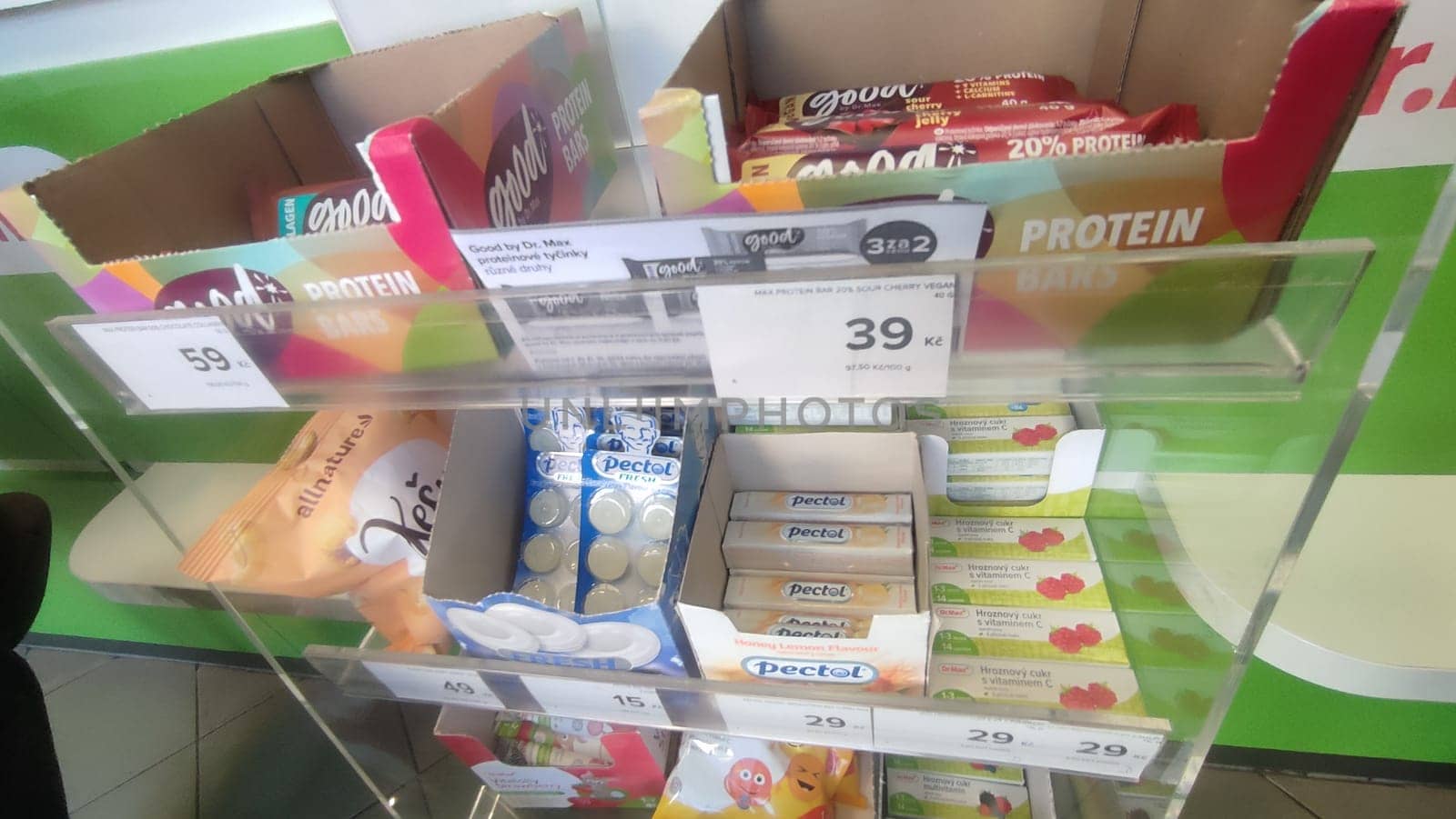 October 22 2024 Hradec Kralove, Czech Republic Europe, Kralov region, Kralovehradecky kraj, Protein bars display food shop shopping store products shop sale market place business commercial editorial objects . High quality photo