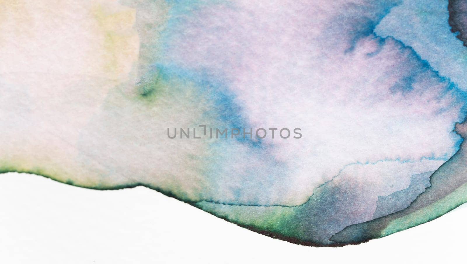 Soft hues of blue, green, and pale yellow blend harmoniously in a watercolor piece, evoking a sense of calm. The flowing shapes suggest distant mountains and clouds in a serene sky.
