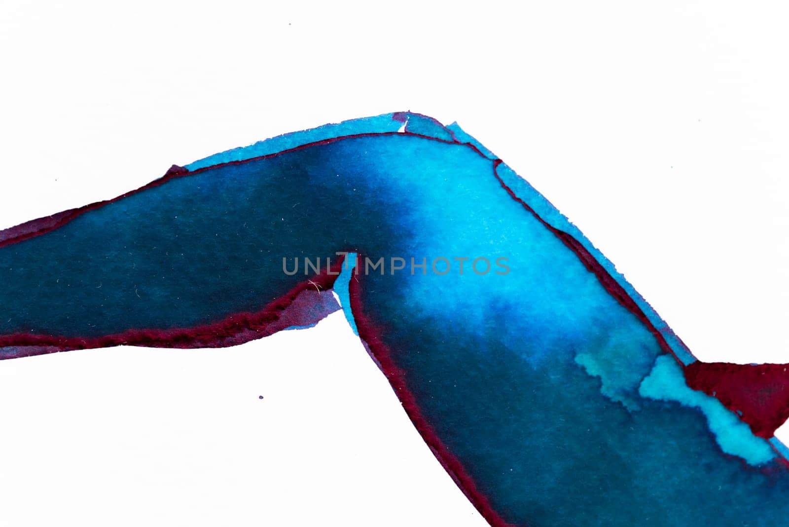 A dynamic portrayal of a bent leg rendered in vibrant watercolor, featuring rich blue shades and subtle red accents. The artwork captures movement and fluidity, emphasizing artistic expression.
