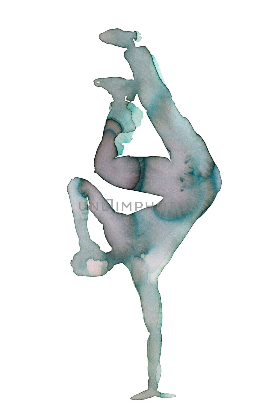 A dancer executes a handstand, displaying impressive balance and strength. The watercolor art captures the fluid motion and gracefulness of the pose, blending soft hues together.