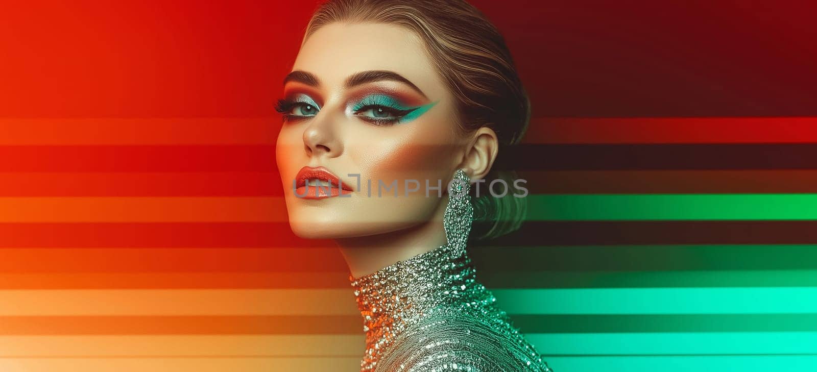 A model poses with striking makeup featuring bold colors and shimmering attire. The backdrop features vibrant light patterns that enhance the glamorous aesthetic, creating an eye-catching look.