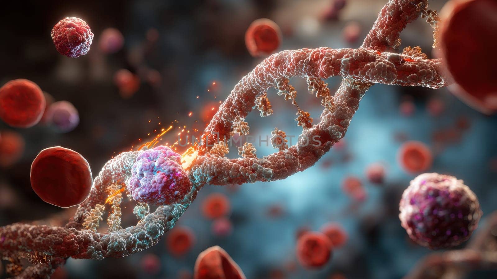 3D rendering of a DNA double helix structure surrounded by healthy immune cells (T-cells and B-cells)..
