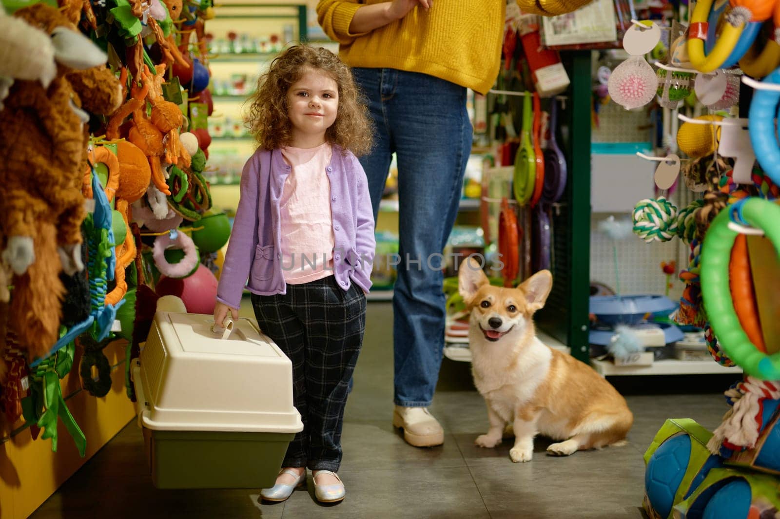 Portrait of little girl child standing with new carrier for corgi dog posing for camera among pet shop showcase. Happy family shopping at vet store