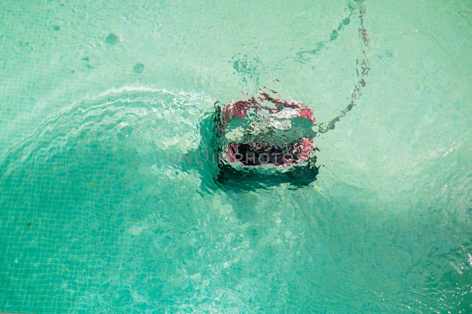 The robot pool cleaner cleans the bottom of the pool with clean water on a sunny summer day. The concept of cleaning swimming pools in hotels, resorts and country houses. view through water