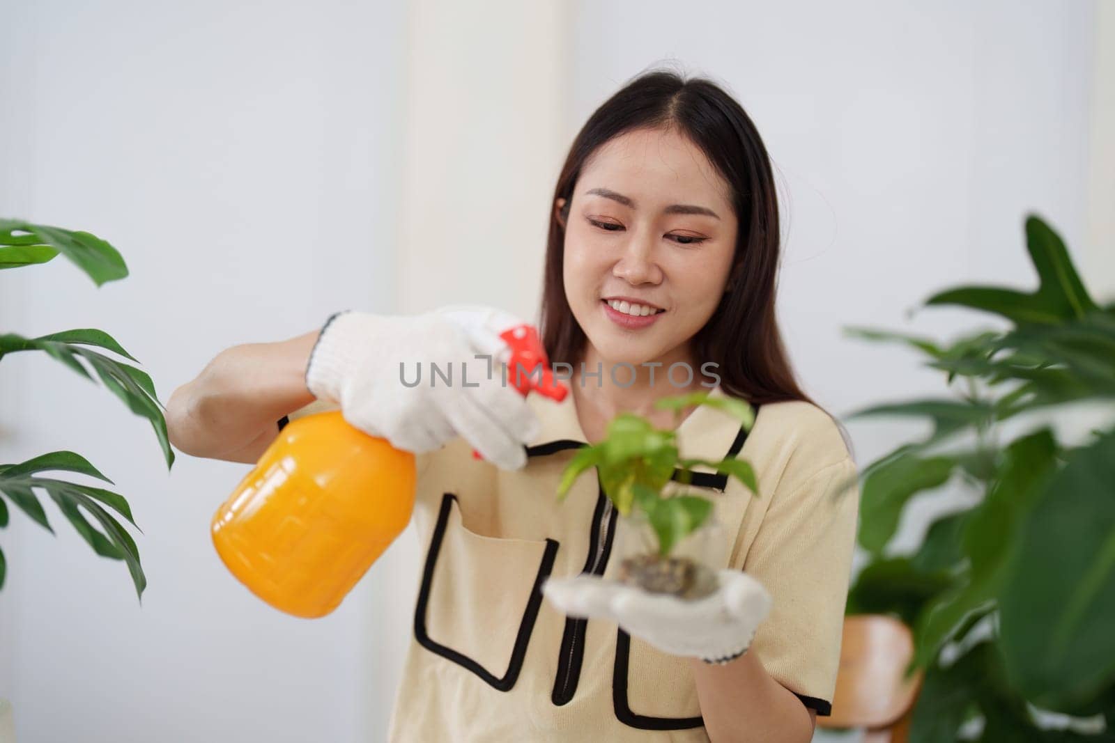 A woman joyfully waters her potted plant, ensuring the greenery receives the moisture it needs to flourish in her home.