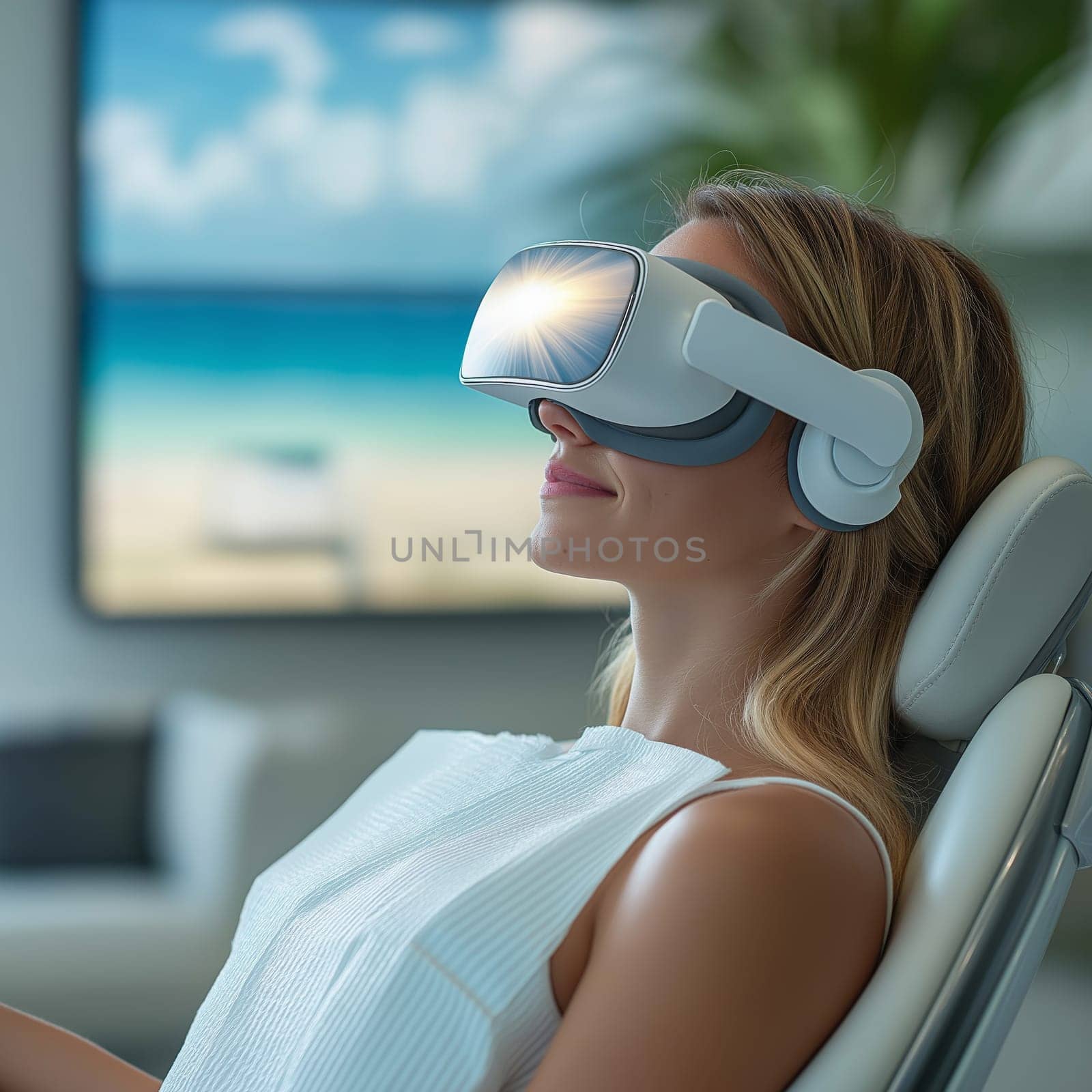 A patient displays anxiety by gripping the chair arms tightly while wearing a virtual reality headset during a dental visit. The dentist nearby prepares to assist, ensuring comfort.
