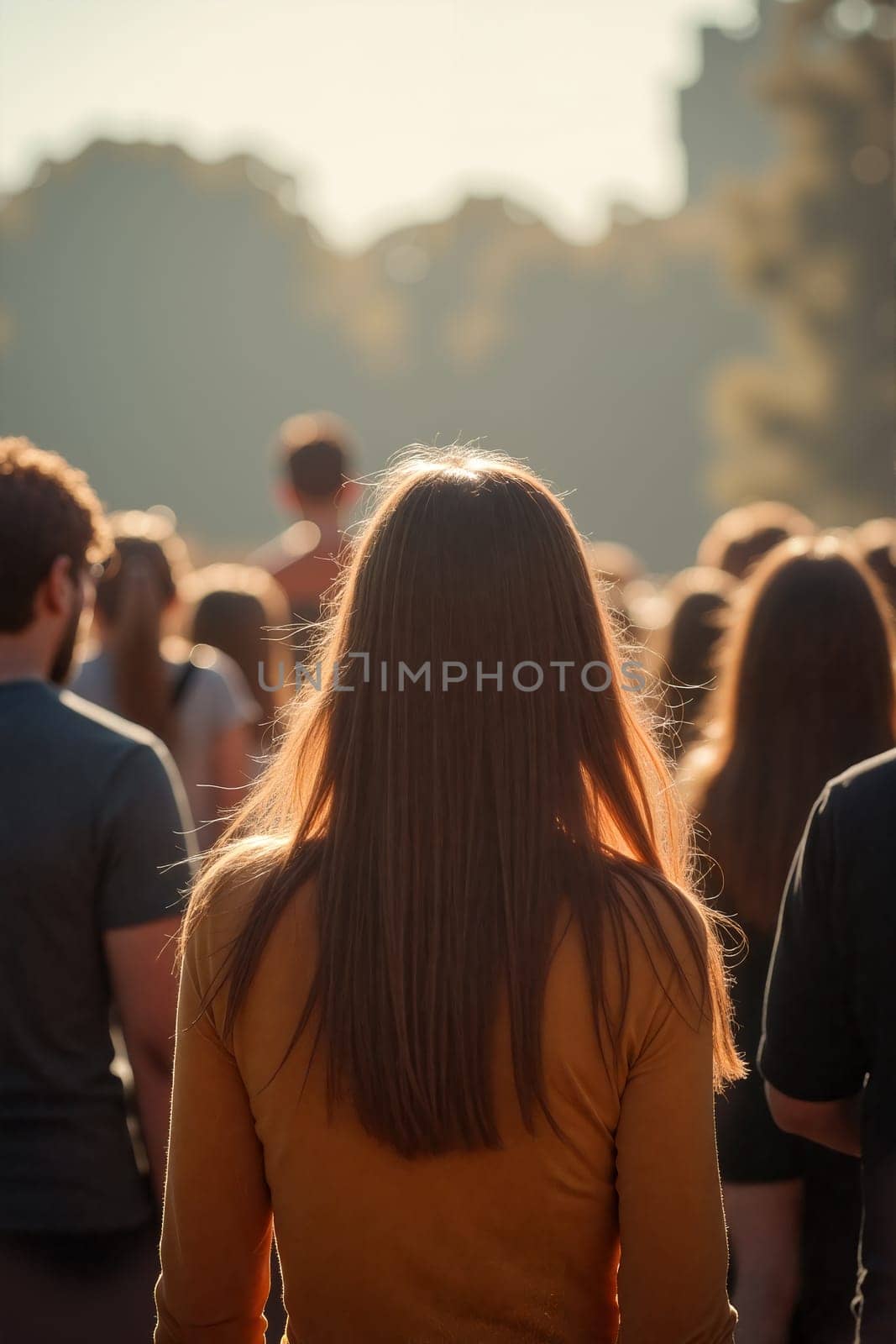 A large group of people gathers in a sunlit park, with individuals enjoying the atmosphere and engaging in conversation during an outdoor event. Generative AI.