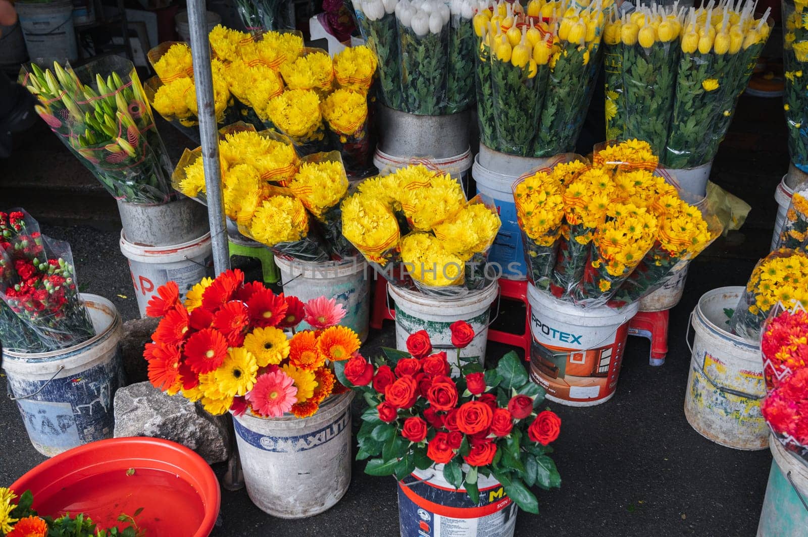Many different kinds of flowering selling at the flower market. Nha Trang, Vietnam - December 13, 2024.