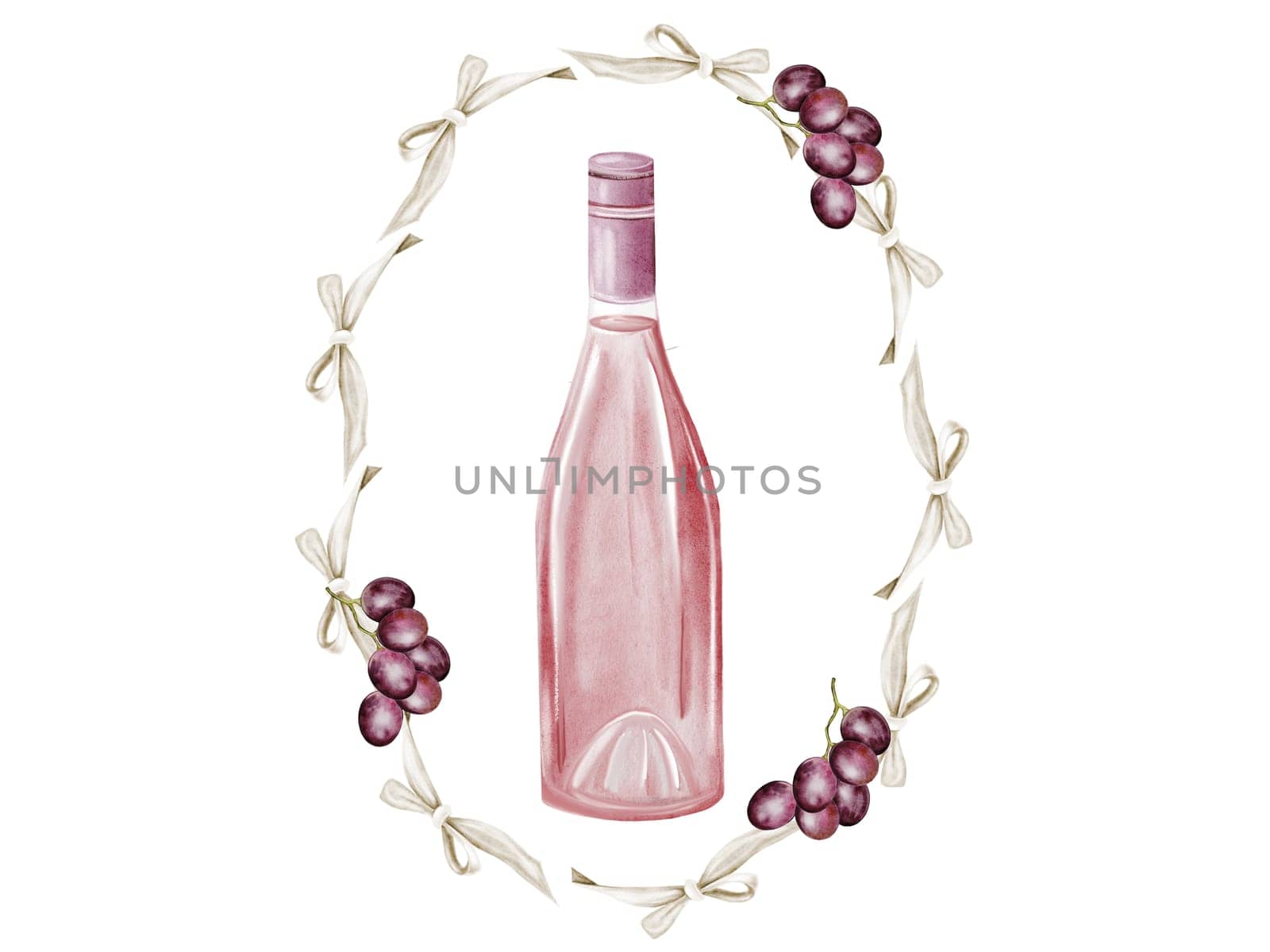 Wine bottle watercolor. Hand drawn pink alcoholic drink in glass in a frame of bows and grapes. Clip art of drink. Ideal for advertising posters of bar and restaurant menu. High quality illustration