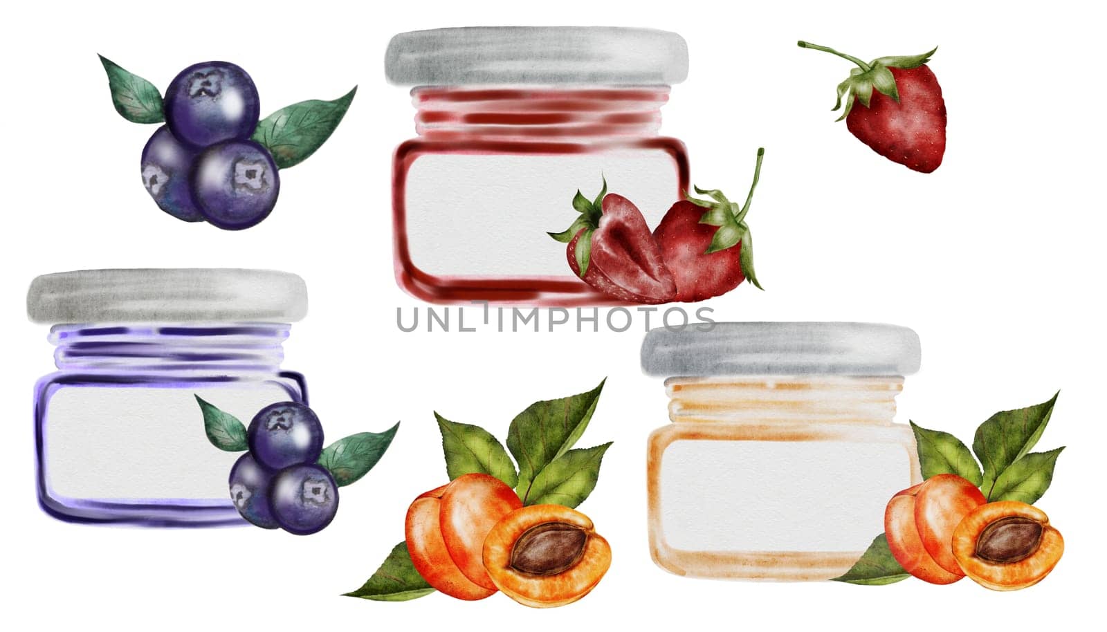 Jam watercolor illustration set. Hand drawn canned sweets on white background. Clip art food. Ideal for packaging goods with jam apricot, blueberry and strawberry. Organic food. High quality illustration