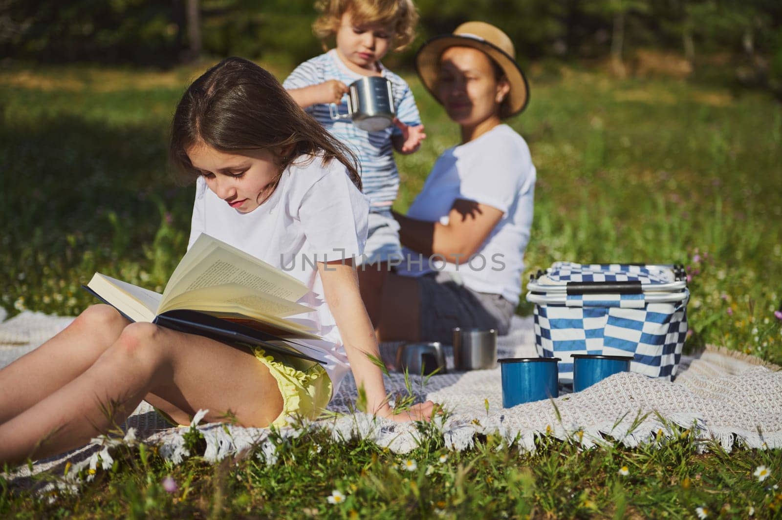 A serene image of a family spending quality time together on a peaceful grass field. The sunlight enhances the warmth of their outdoor picnic, highlighting a carefree, joyful moment.