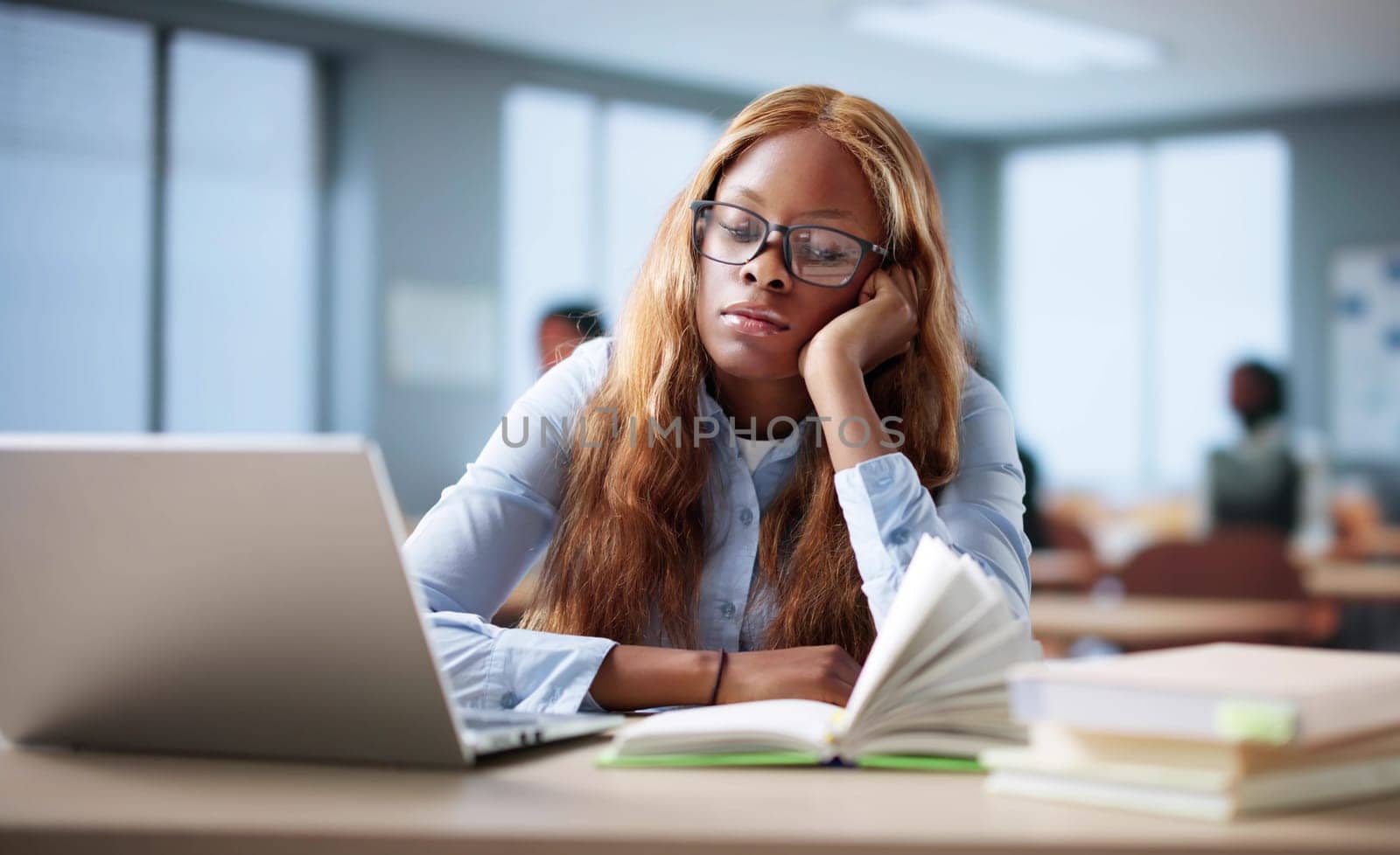 Frustrated African American College Student Failed Online Technology Class, Sleepy Woman