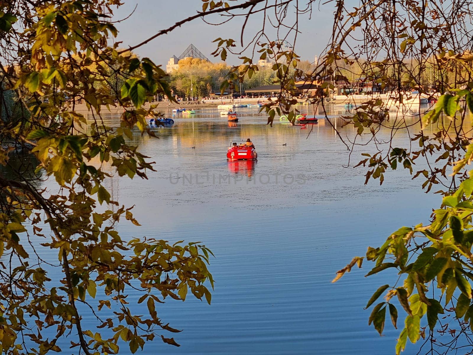 Horizontal photo taken through autumn tree leaves and branches showing several red pedal boats floating on a city park lake. The vibrant yellow and orange foliage frames the peaceful water scene, capturing the essence of fall and outdoor recreation in an urban setting.