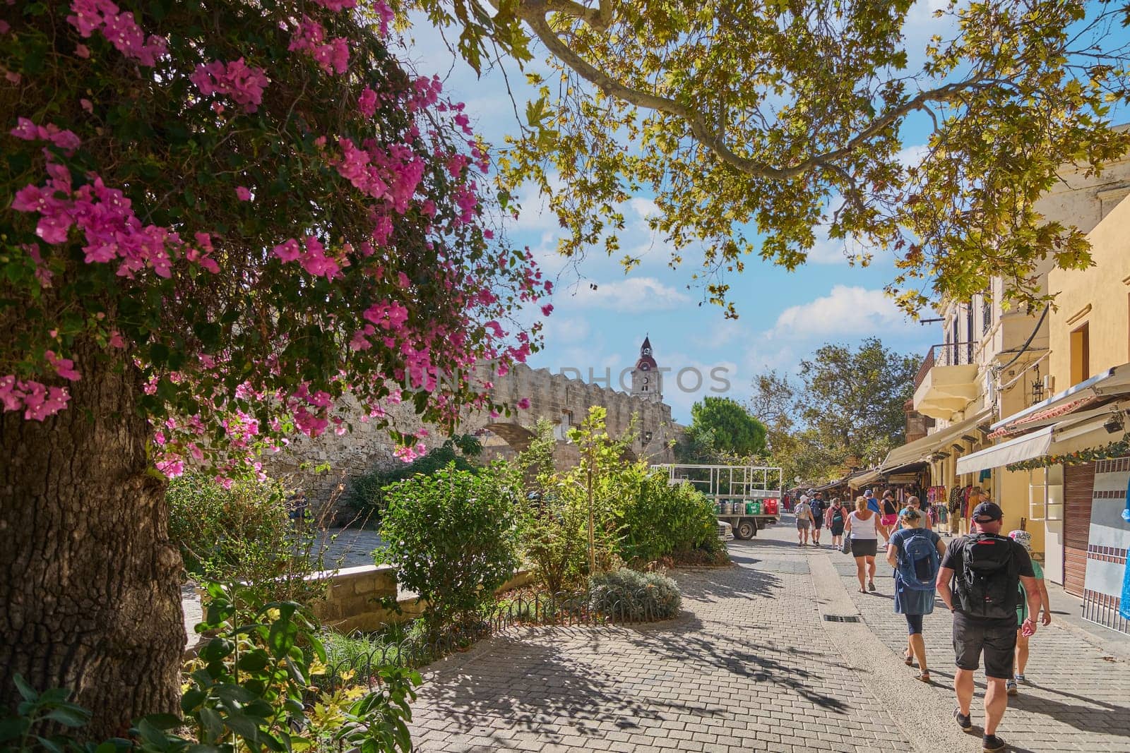 Rodas.Greece - june 01, 2025: A charming cobbled street lined with lively pink bougainvillea and ancient stone walls, leading towards the distant historic Palace of the Grand Masters, with people