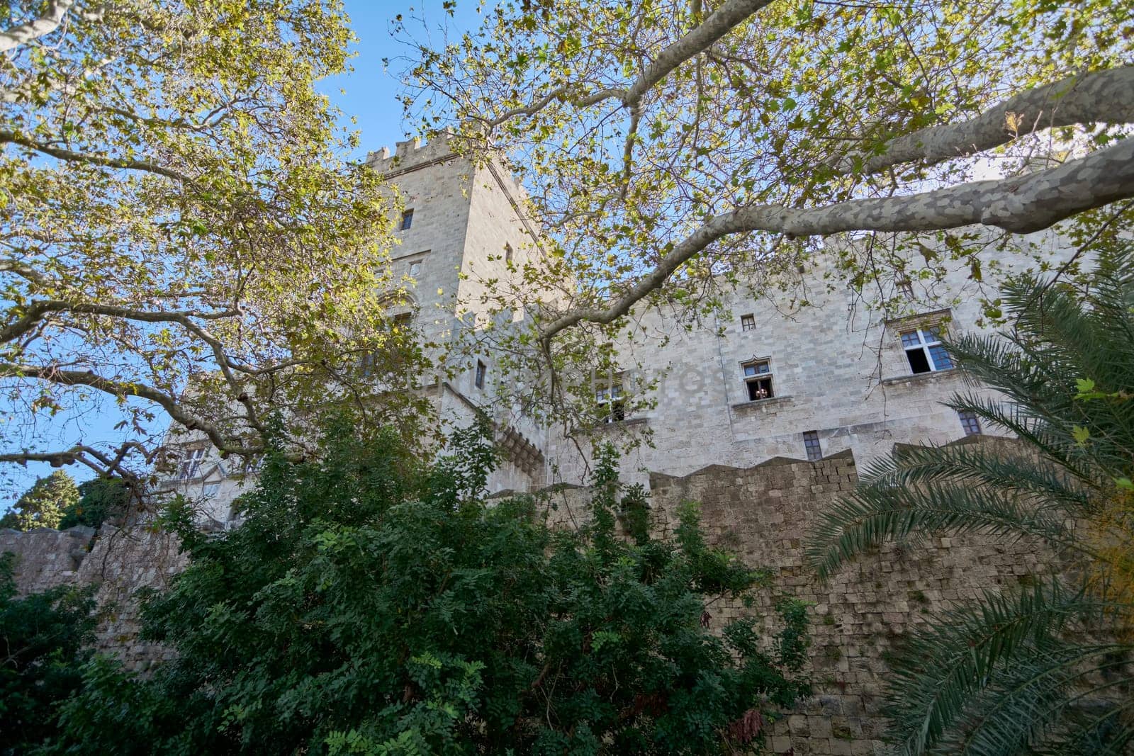 A unique perspective of the ancient Grossmeisterpalast, showcasing its sturdy medieval construction framed by the natural beauty of changing tree foliage, bathed in sunlight.