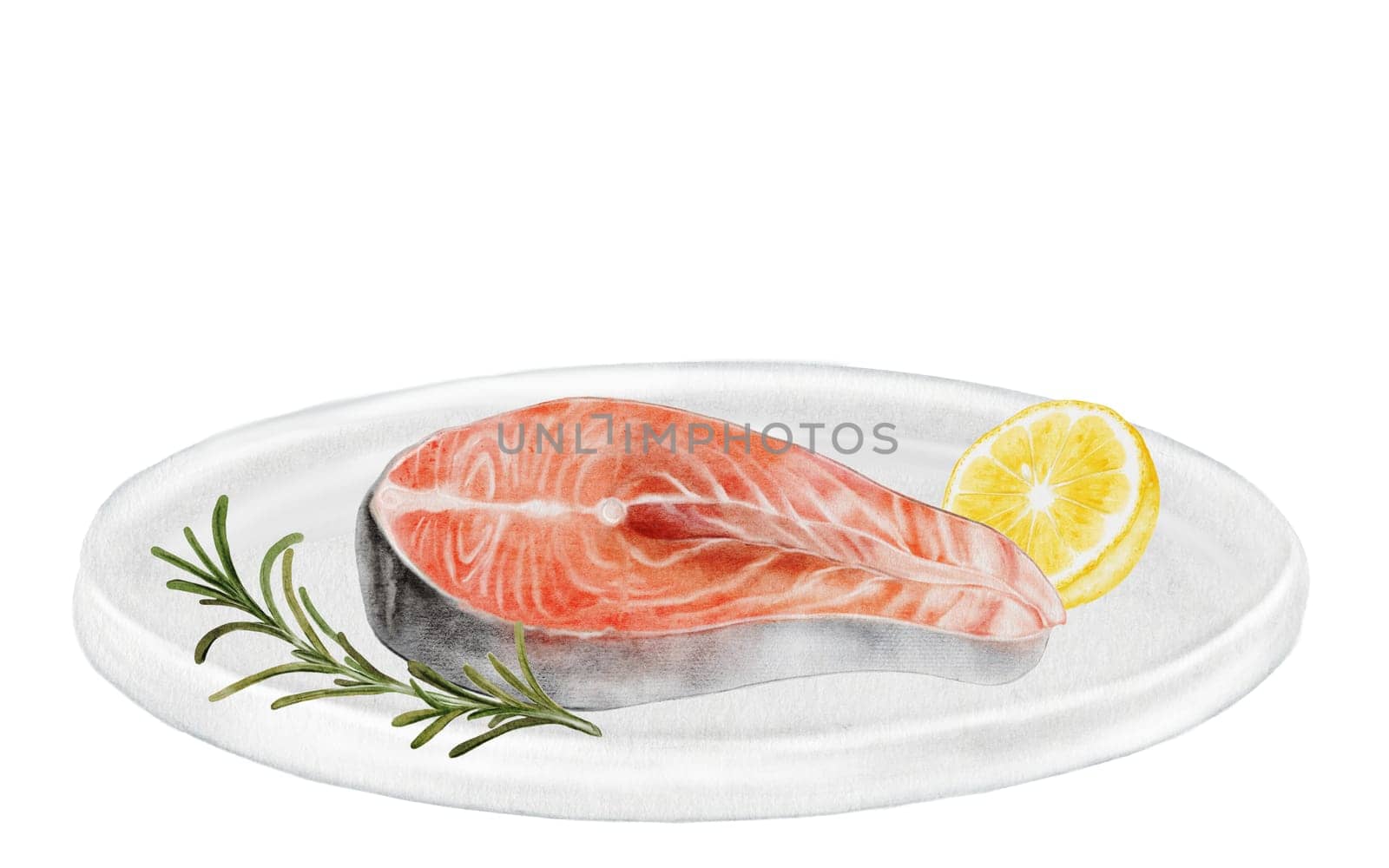 Salmon steak on a white plate watercolor. Hand drawn red fish fillet with lemon and rosemary on white background. Food clip art. Ideal for farm fish packaging design, restaurant menus and culinary blogs. High quality illustration