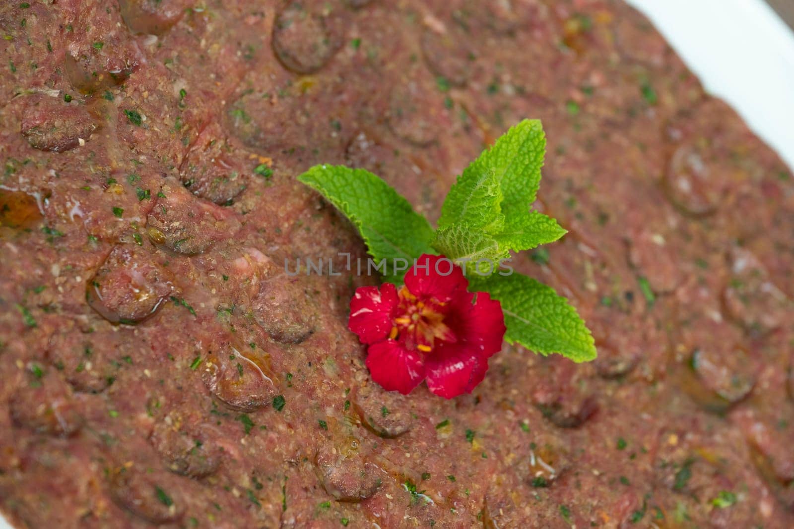 Kebbe naye is showcased on a white plate, featuring finely chopped raw meat mixed with bulgur, onions, mint, and spices, designed for a rich culinary experience.