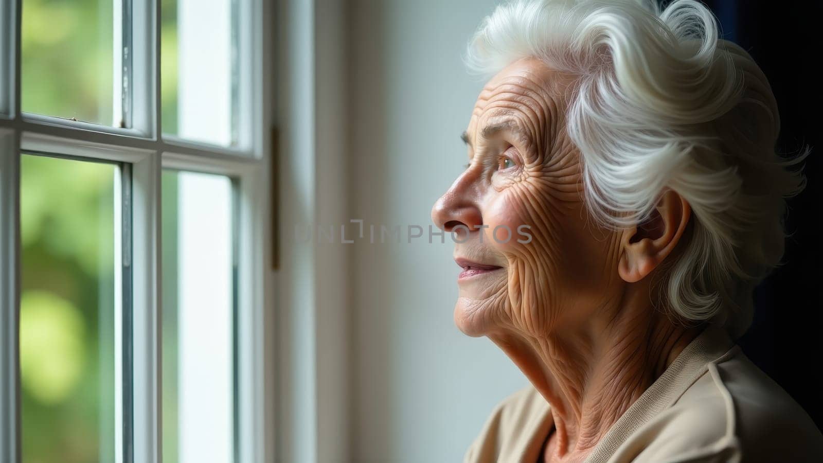 A close-up profile shot features an elderly woman with soft white hair and visible wrinkles, gazing thoughtfully out of a multi-pane window with a blurred green background, possibly at home.
