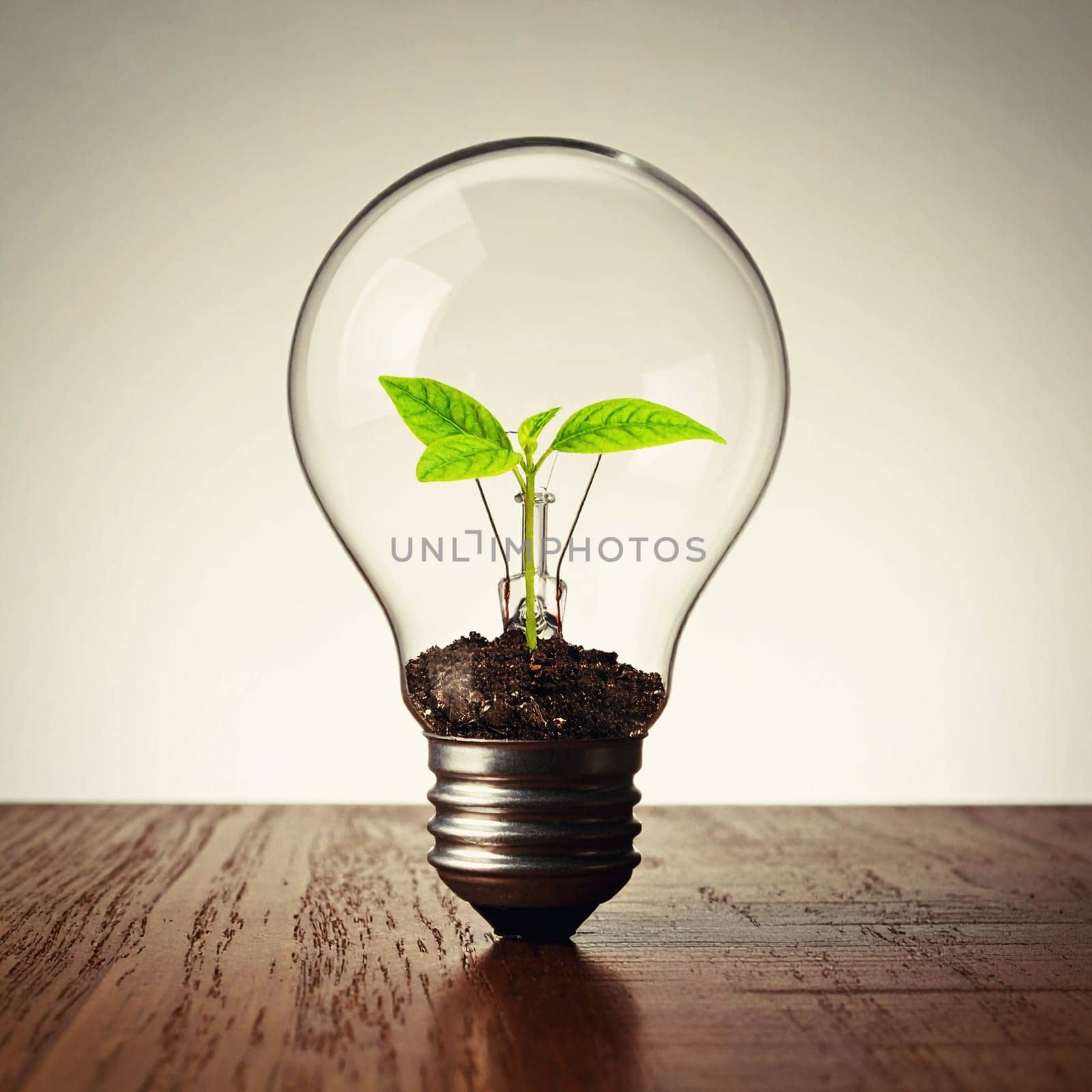Small green plant in a light bulb. Concept for environment, energy in industry and nature 