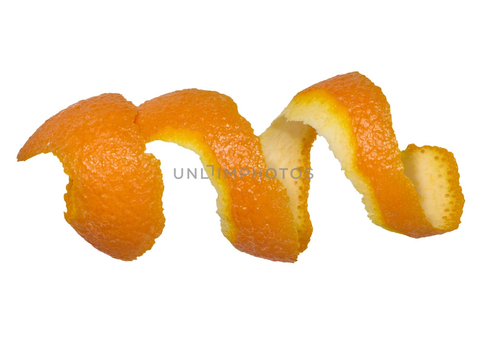 Twisted strip of orange peel on isolated background, top view