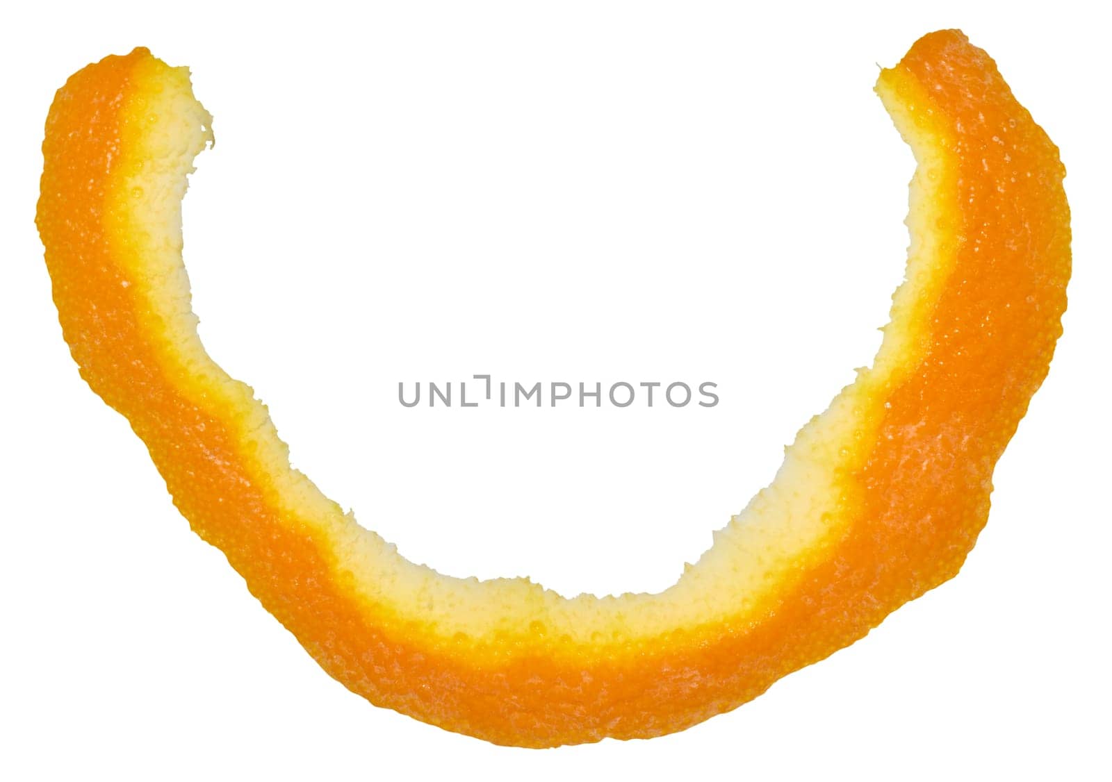 Close-up of a long strip of orange peel on a white background