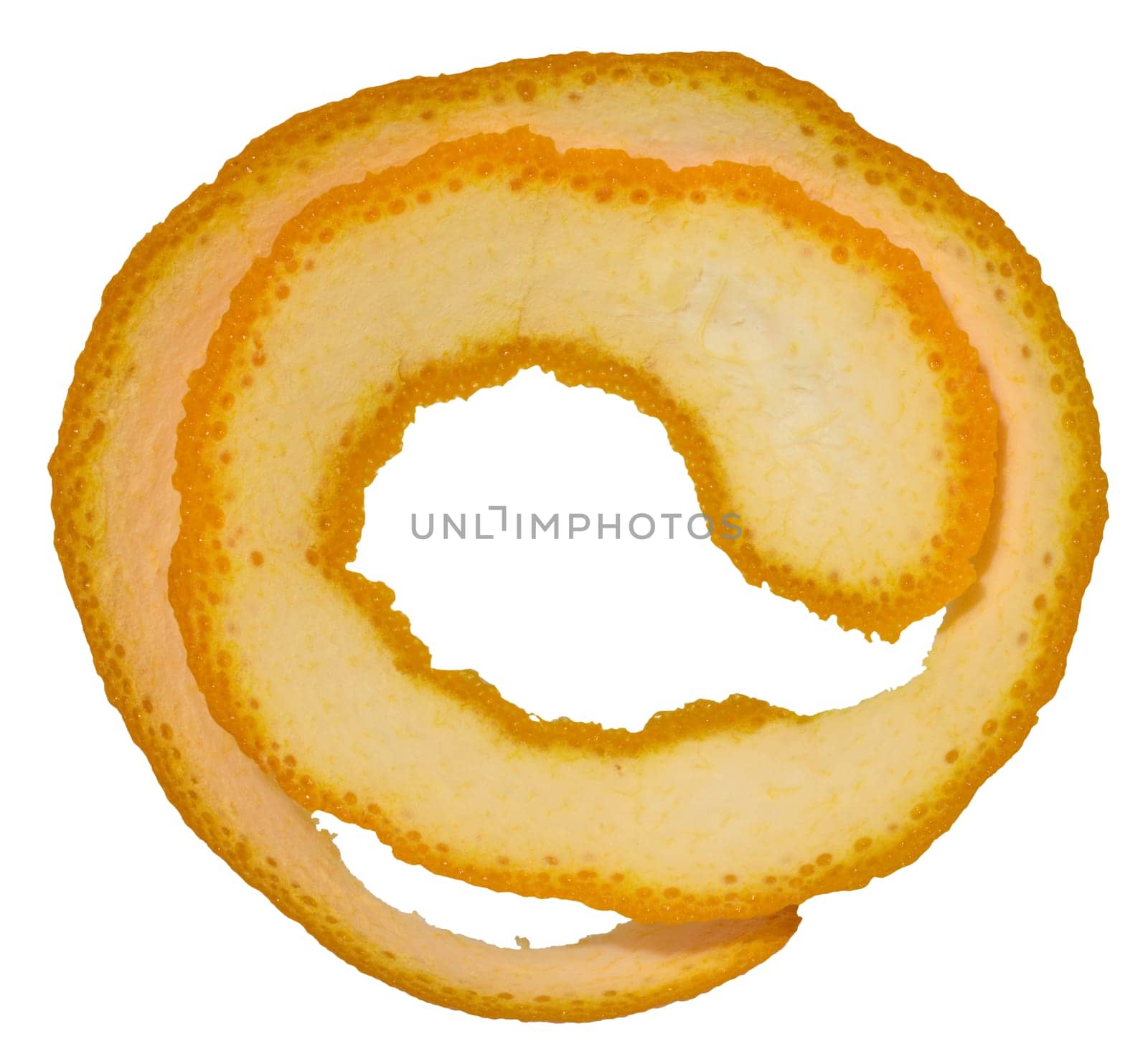 Twisted strip of orange peel on isolated background, top view