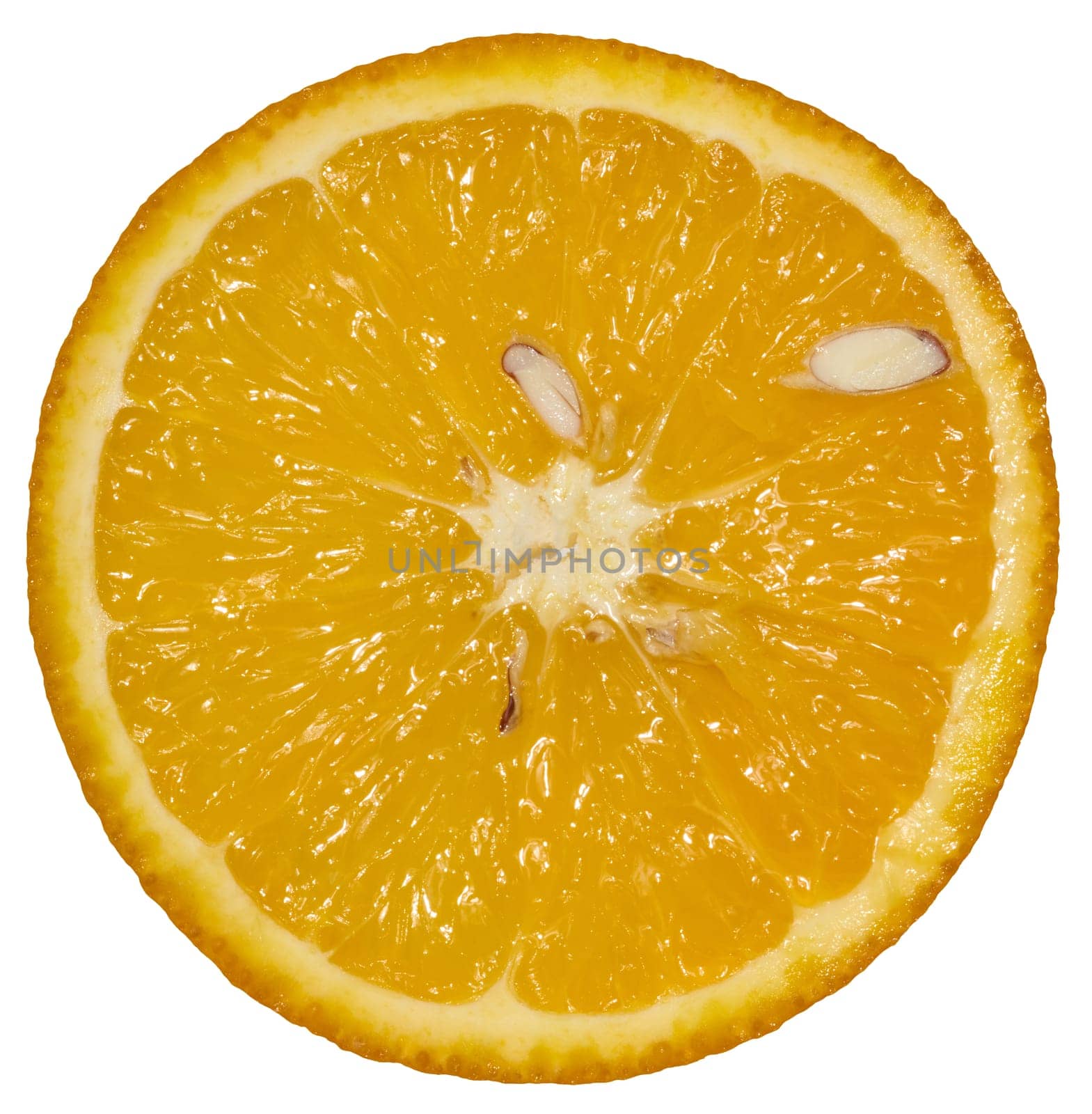 A round cross-section of a bright orange orange with segments and several seeds visible. Close-up of the fruit on an isolated background