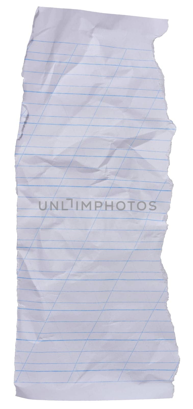 Close up of a crumpled, torn sheet of white lined paper with blue lines, isolated background