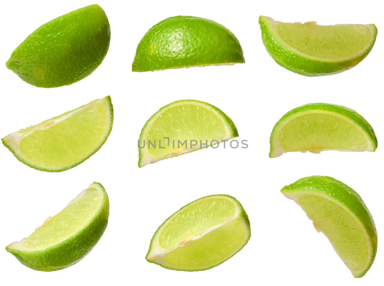 Collection of juicy green lime slices from different angles. Citrus fruit cutouts for food design, set of fresh lime wedges on  isolated background
