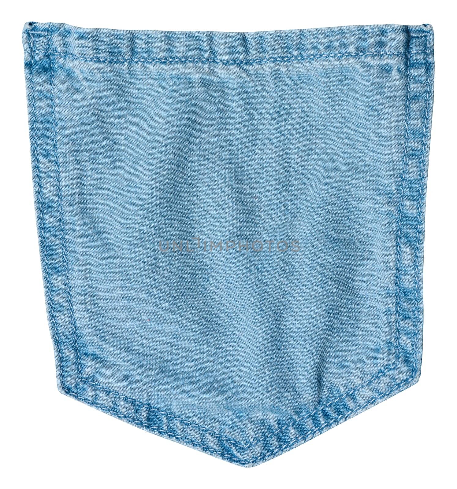 Close up of back pocket of light colored jeans on isolated background