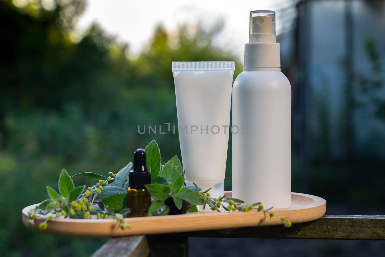 Natural repellent spray and cream mock up with essential oil mint disease prevention. Protection against mosquito bite during summertime. Safety Anti Mosquito skin treatment outdoors