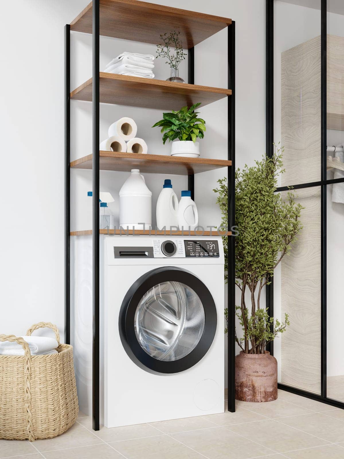 A contemporary laundry area featuring a stylish washing machine complemented by practical shelving for storage.