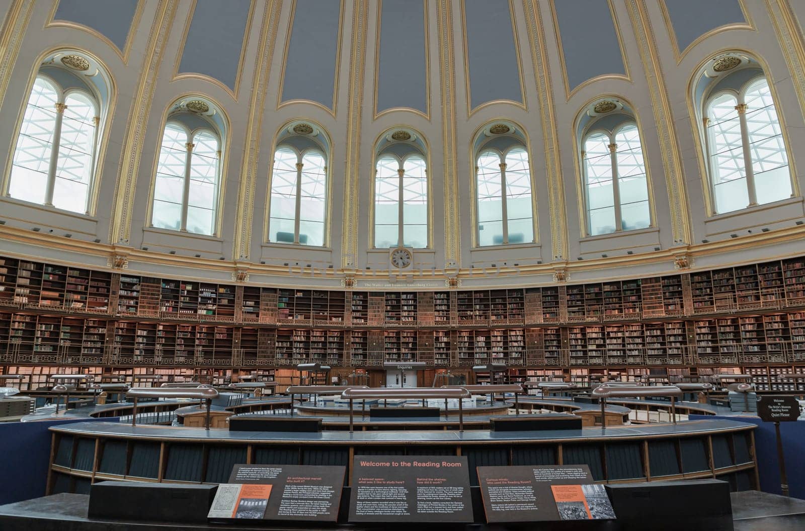 London, UK - May 31, 2025 - The Reading Room with many book stack were built surrounding and The ceiling is suspended on cast iron struts hanging down from the frame and is made out of papier-mache situated in the centre of the Great Court of the British Museum. use it as your Wallpaper, Poster and Space for text, Selective focus.