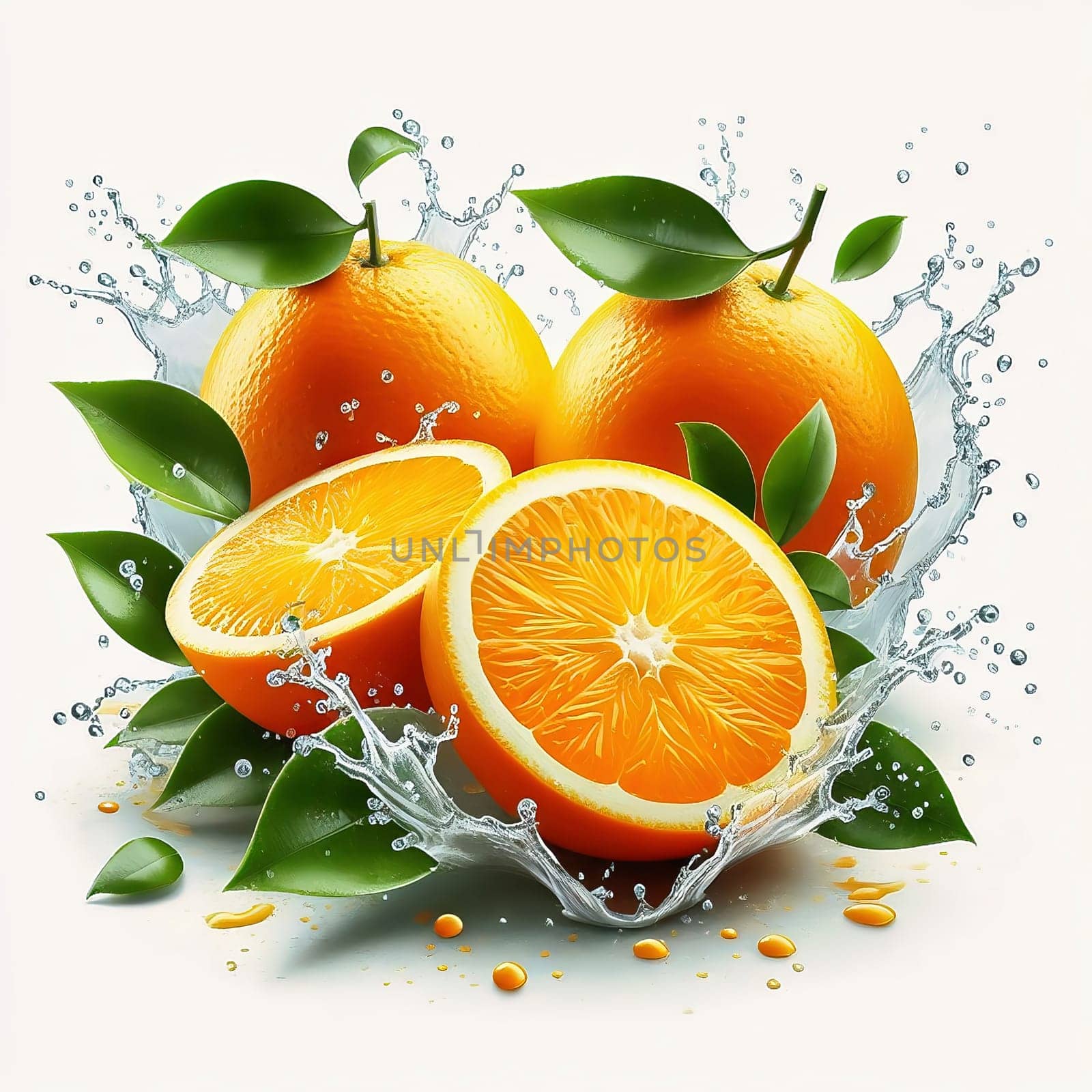 Juicy, halved oranges with refreshing drops of water and green leaves that perfectly reflect freshness and summer enjoyment. Ideal for advertising!