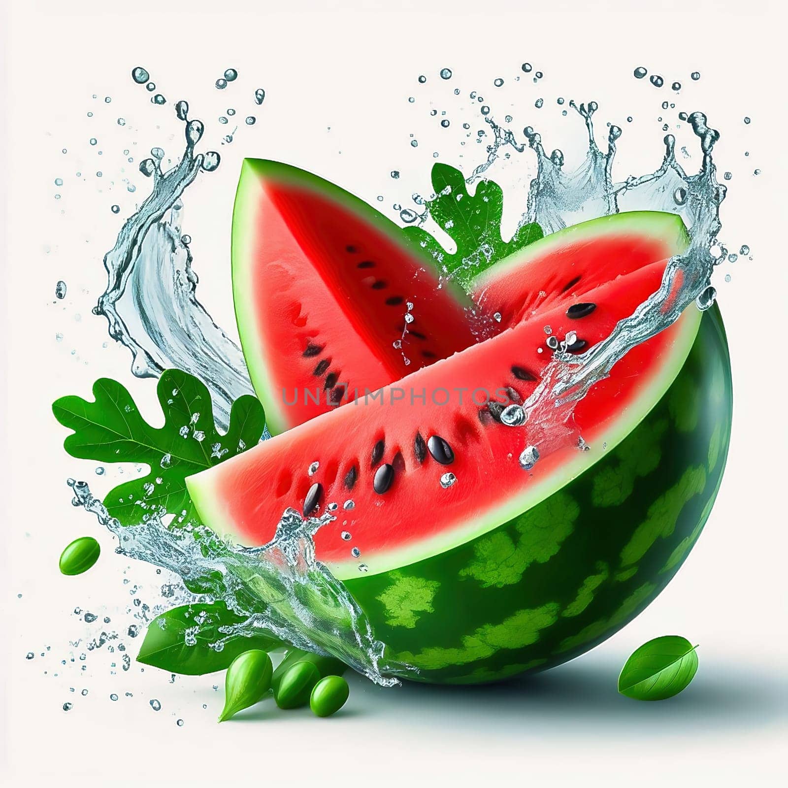 Fresh, juicy watermelon, cut in half and staged with splashing water and green leaves. Perfect for summer advertising or refreshing drinks.