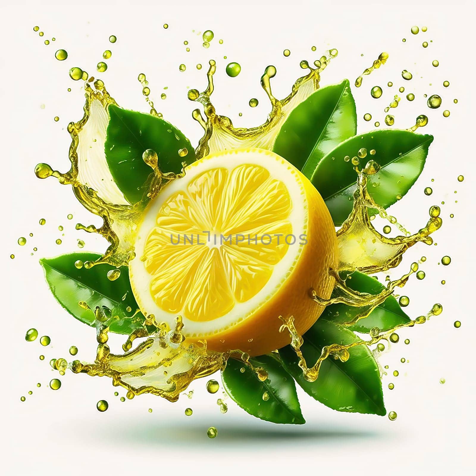 Fresh, juicy lemon, cut in half and surrounded by sparkling water and green leaves. Perfect for advertising, soft drinks and food packaging.