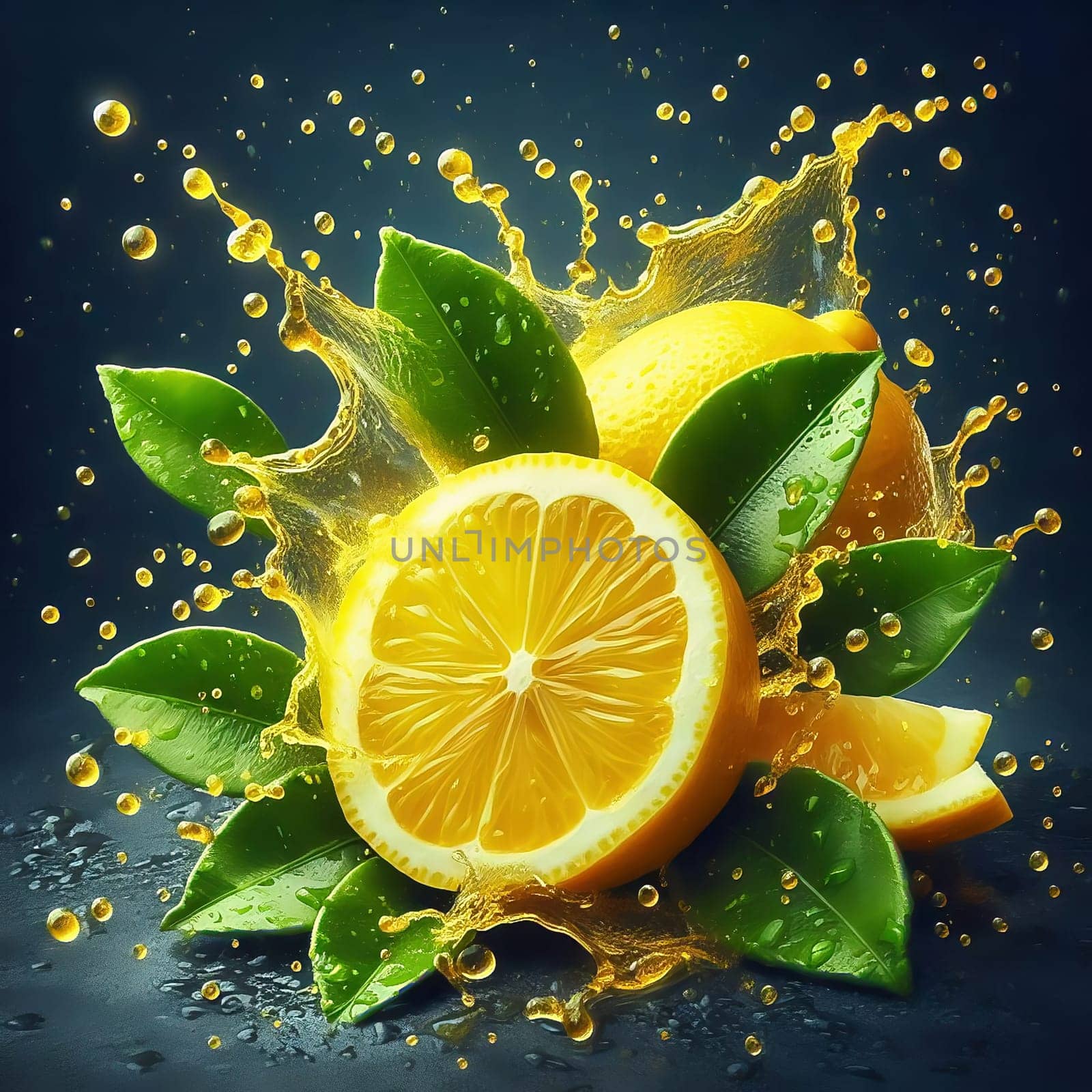 Juicy, halved oranges with refreshing drops of water and green leaves that perfectly reflect freshness and summer enjoyment. Ideal for advertising!