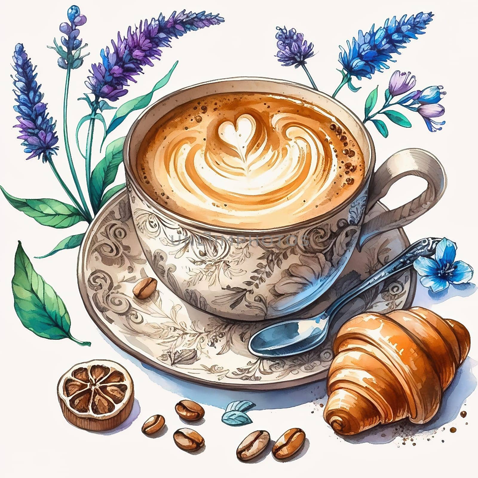 Detailed illustration of a cappuccino cup with heart latte art, served on plate, accompanied by coffee beans and spoon - ideal for coffee advertising.