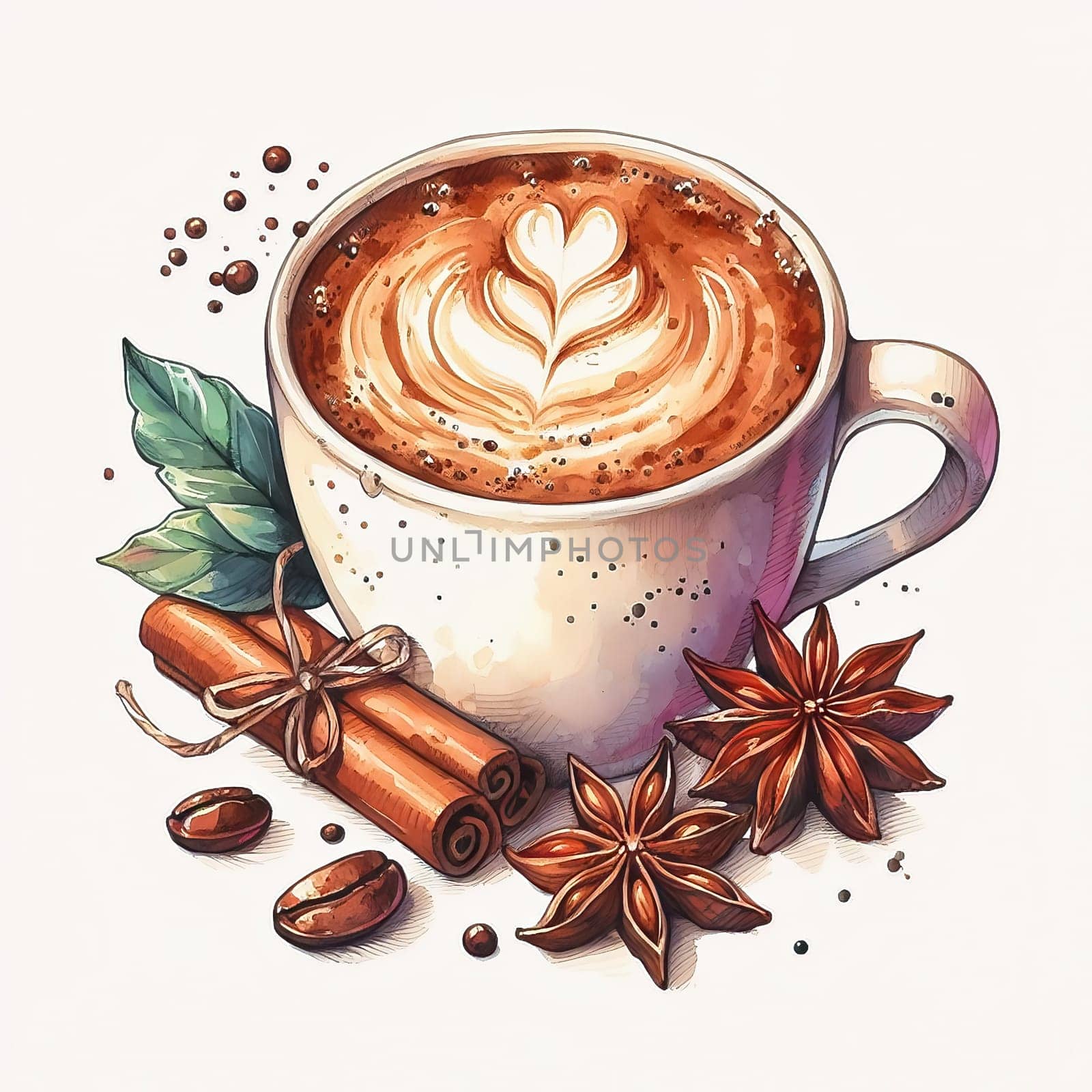 Detailed illustration of a cappuccino cup with heart latte art, served on plate, accompanied by coffee beans and spoon - ideal for coffee advertising.
