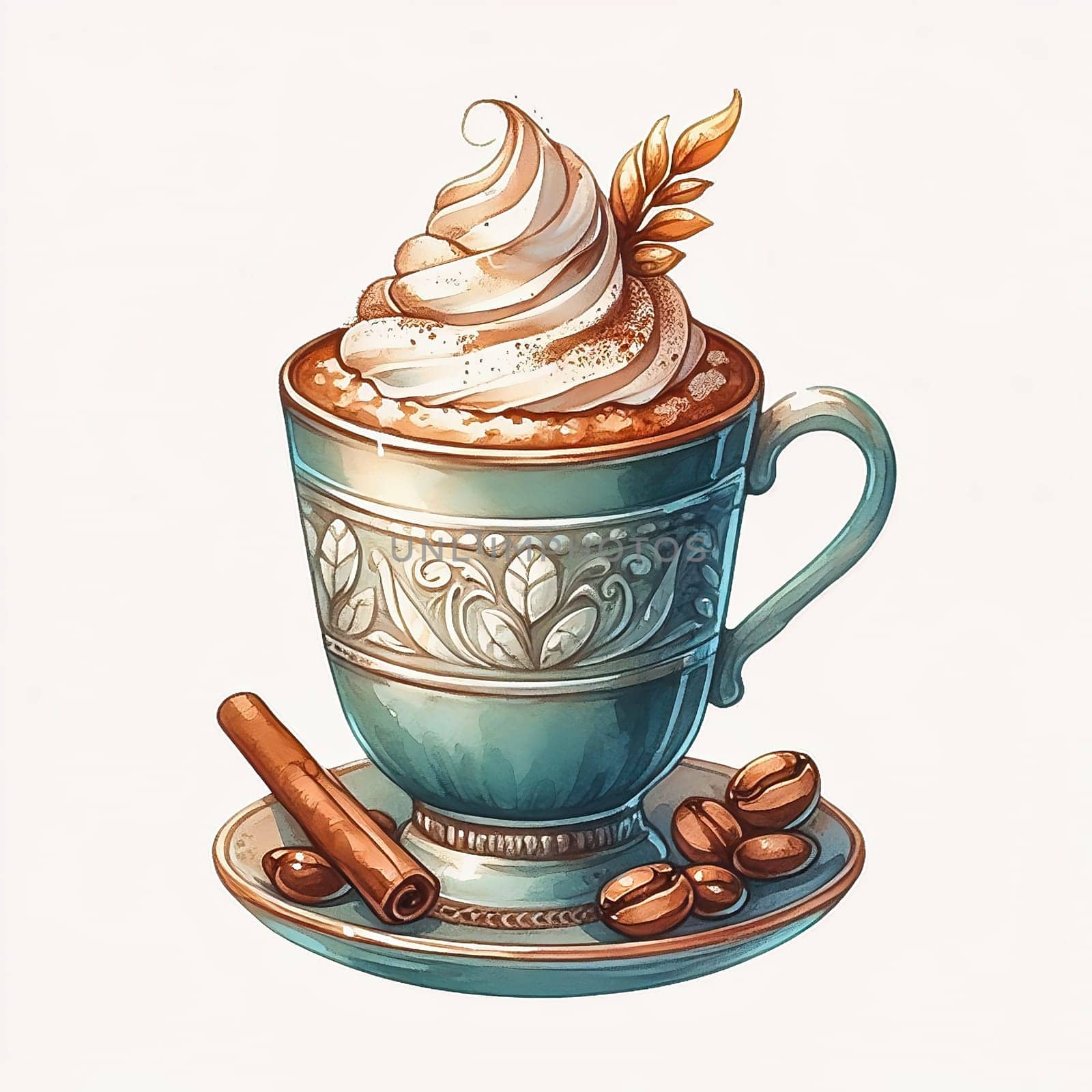 Detailed illustration of a cappuccino cup with heart latte art, served on plate, accompanied by coffee beans and spoon - ideal for coffee advertising.